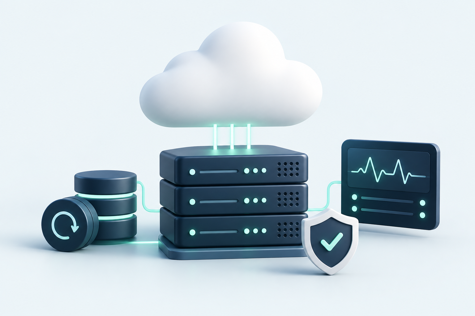 Serveurs cloud avec sauvegarde, protection et surveillance du fonctionnement.