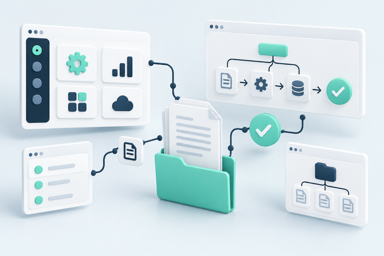Documents et outils métier reliés par un processus automatisé.