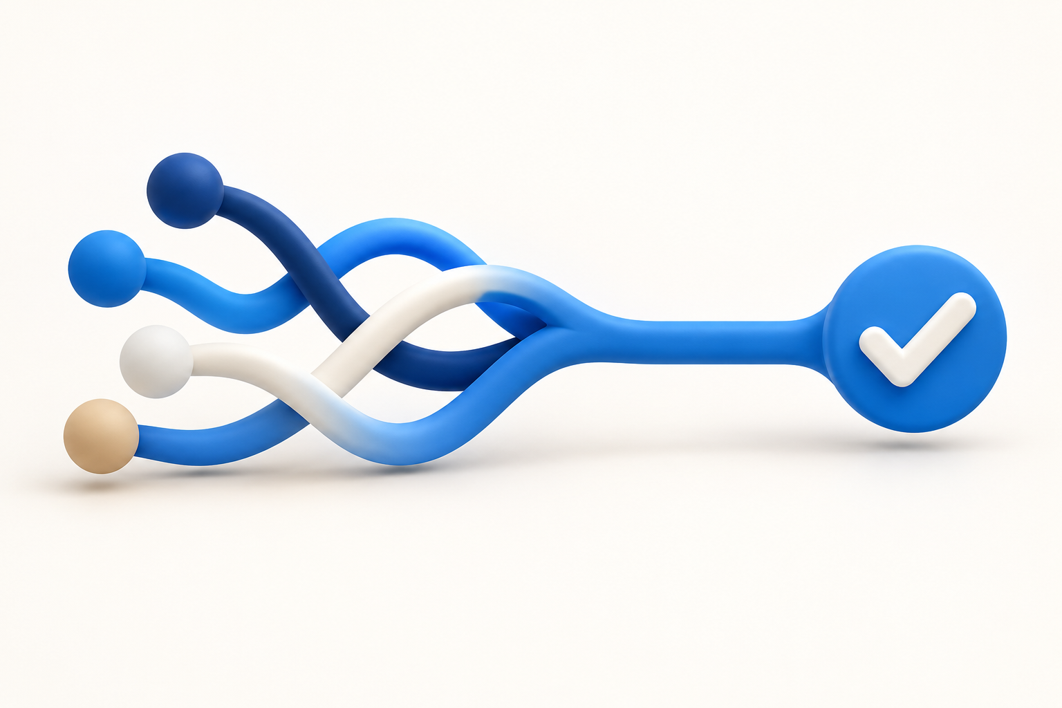 Plusieurs parcours complexes convergent vers un chemin simple et validé.
