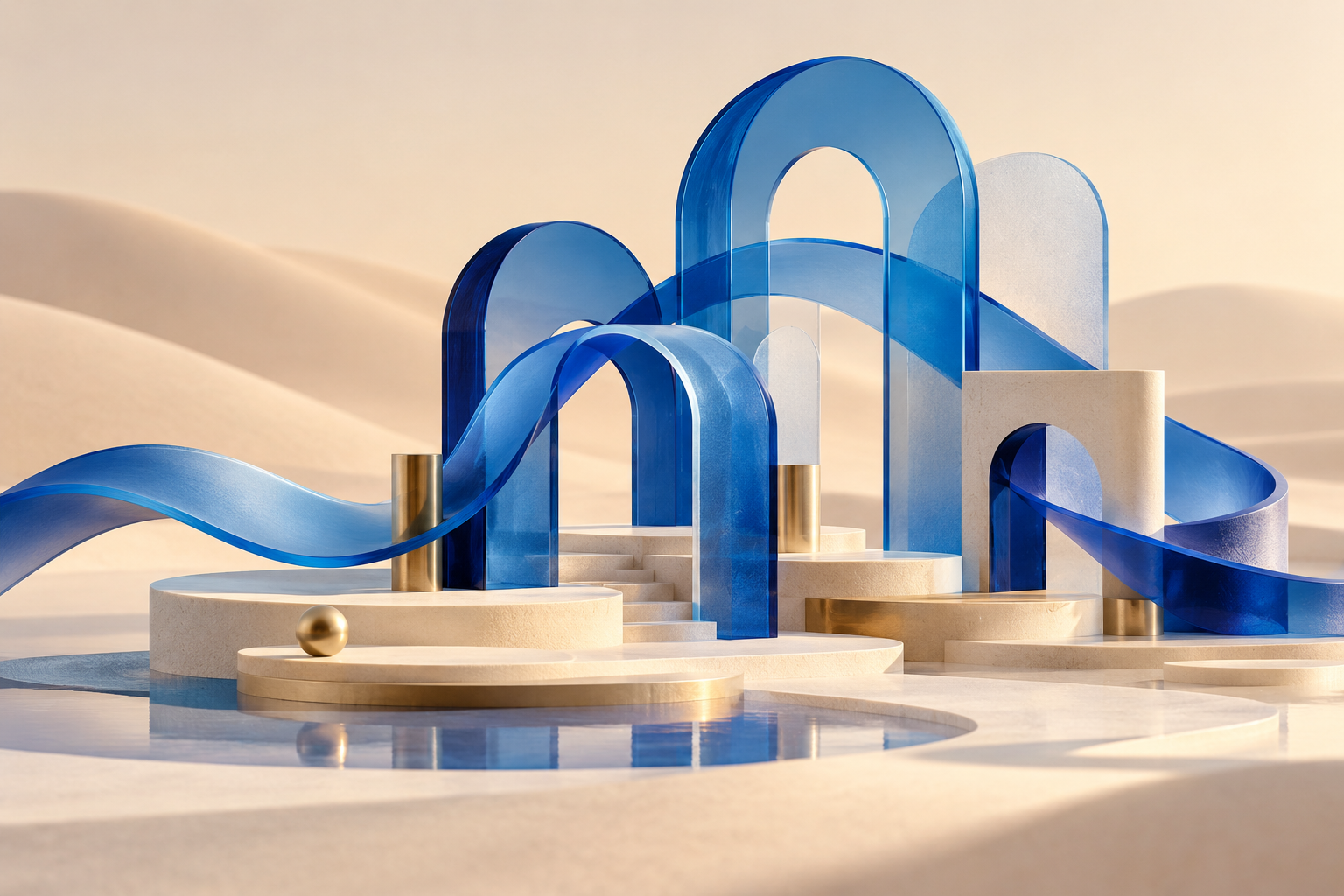 Arches et rubans bleus illustrant le passage d’une idée à une solution numérique cohérente.